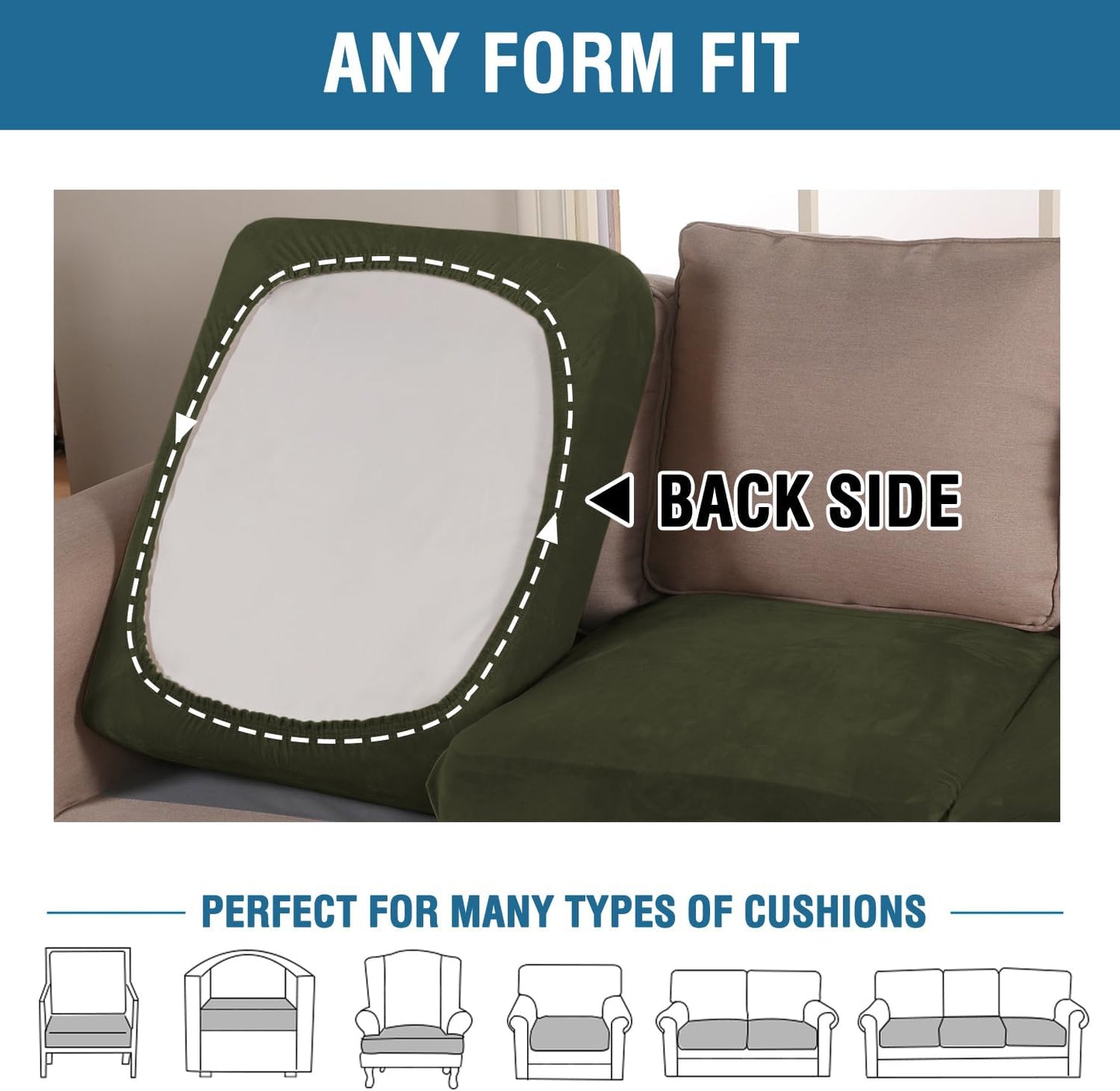 H.VERSAILTEX Velvet Stretch Couch Cushion Cover Plush Cushion Slipcover for Chair Loveseat Sofa Cushion Furniture Protector Seat Cushion Sofa Cover (3 Piece Sofa Cushion Covers, Olive)