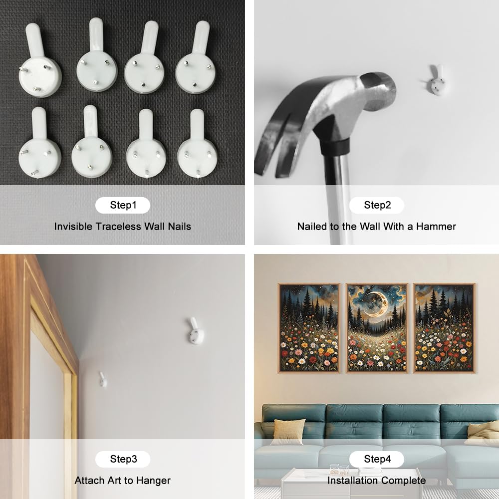 HPINUB Wildflower Moon Pine Tree Framed Canvas Wall Art Set,Nature Forest Wall Decor,Mystical Starry Night Artwork Rustic Mountain Landscape Art Print for Living Room,Bedroom,Office-24 x36 x3