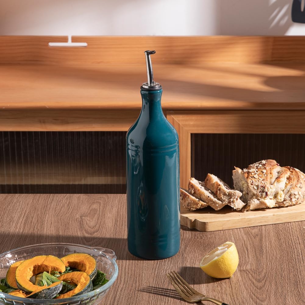Sweejar Large Ceramic Olive Oil Dispenser Bottle, Opaque Oil Cruet Protects Oil to Reduce Oxidation, Suitable for Storage Oil, Vinegar, Soy Sauce & Other Liquids, Pack of 1, 24 Fl Oz (Teal Green)