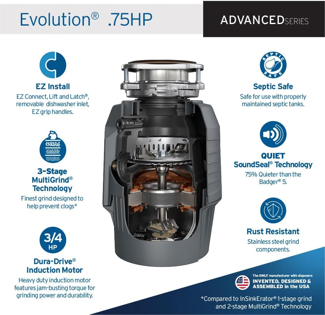 InSinkErator EVOLUTION 0.75HP 3/4 HP, Advanced Series EZ Connect Continuous Feed Food Waste Garbage Disposal, Gray