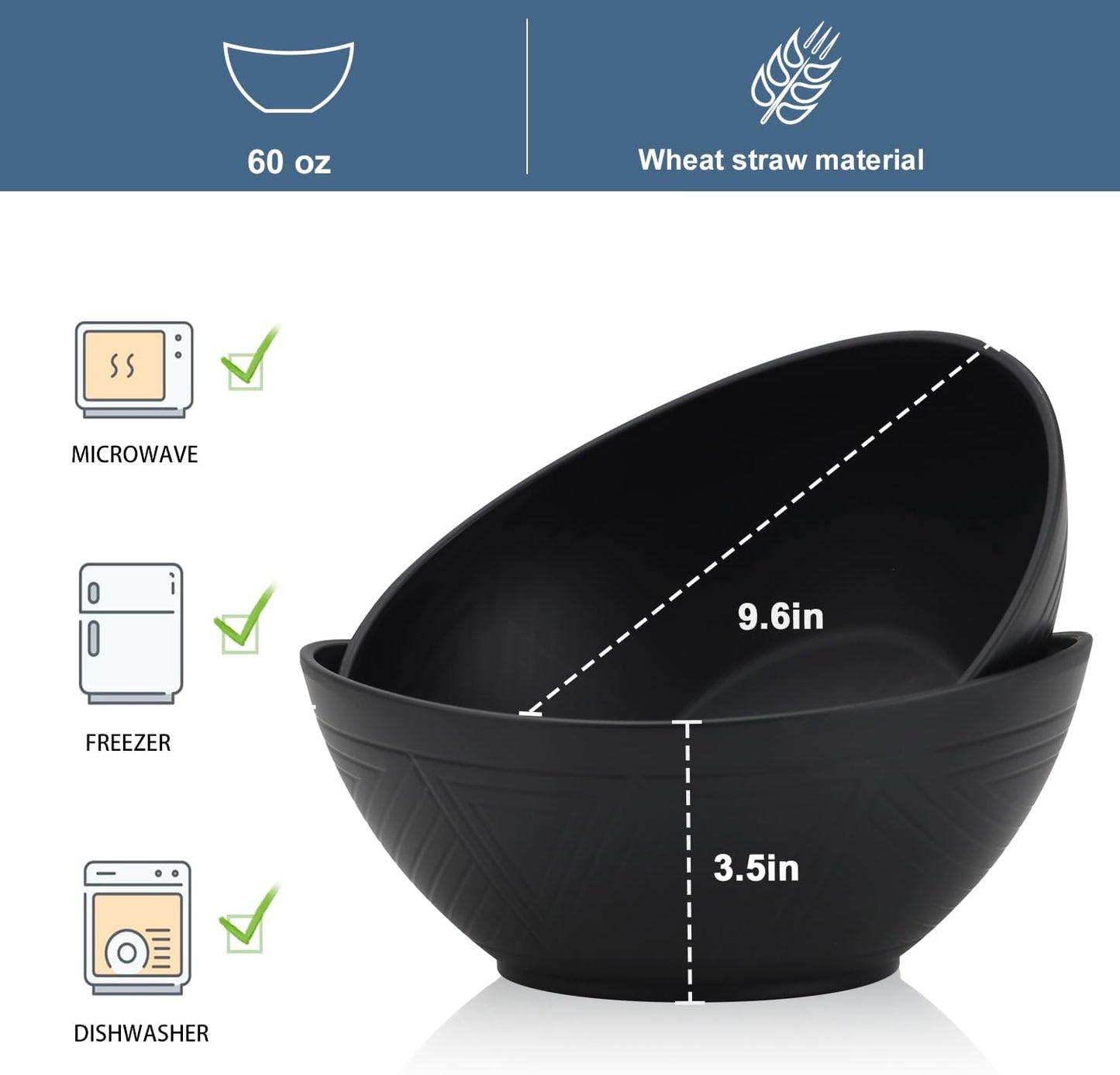 65oz Big Wheat Straw Bowls - Large Salad Bowls set of 6 - Unbreakable Serving Bowls - Microwave & Dishwasher Safe - Oval Bowls for Cereal,Salad,Fruit - Pure Black