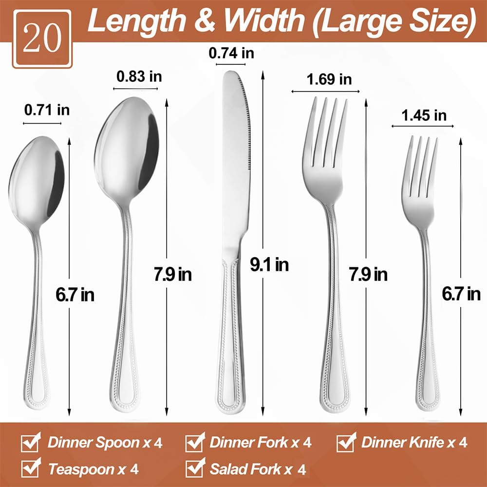 20 Pcs Silverware Set for 4 with Pearled Edge Handle design, Food Grade Stainless Steel Flatware Set, Eating Utensils Sets Include Fork/Knife/Spoon, Reusable Cutlery Set, Dishwasher Safe