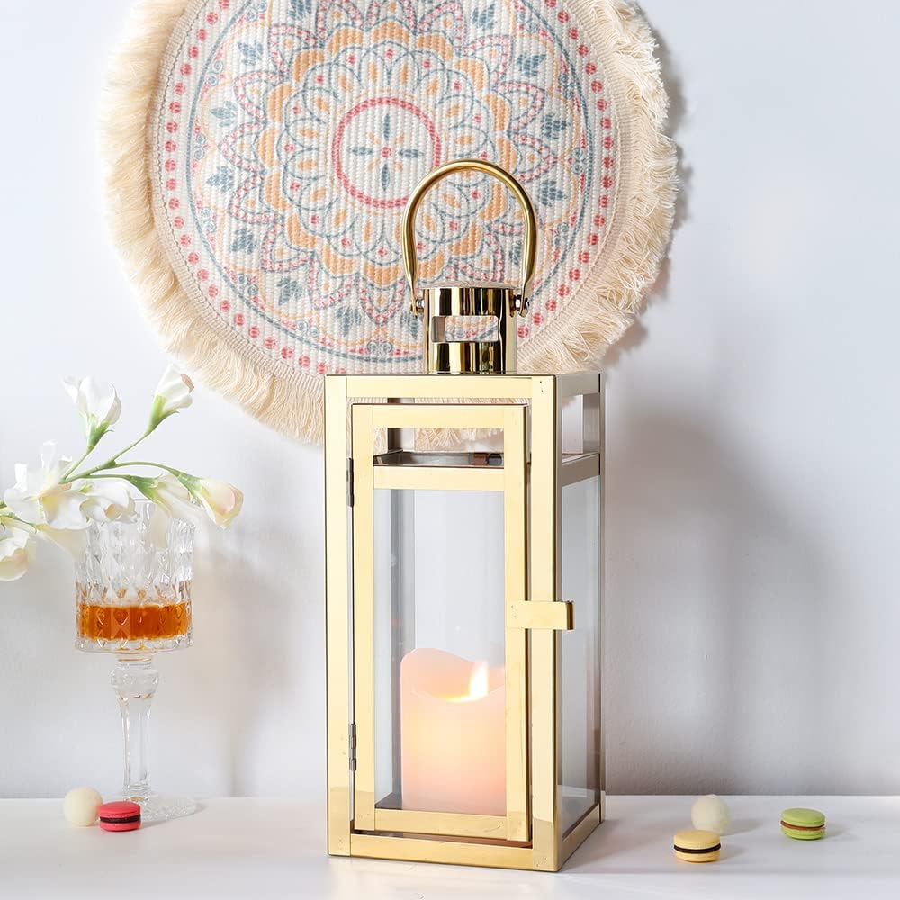 TRIROCKS Stainless Steel Decorative Lantern 12'' High Metal Candle Holder Outdoor Candle Lantern with Tempered Panels for Christmas Home Decor Living Room Parties Events Tabletop Indoor Outdoor (Gold)