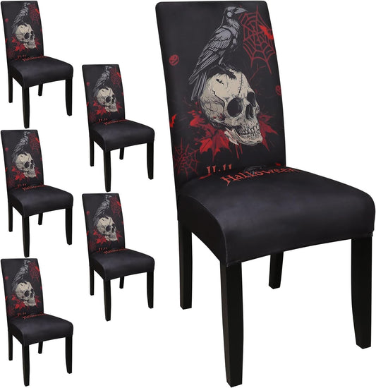 JQinHome Black Halloween Chair Slipcover,Skull Chair Covers Set of 6, High Stretch Washable Chair Protector Cover for Dining Room, Kitchen,Home Party,Wedding Ceremony(Skull Black,6PC)