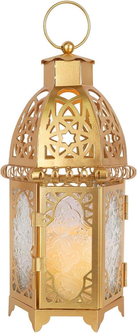 NEEDOMO 12.8'' Moroccan Lanterns Decorative Indoor & Outdoor, Vintage Christmas Candle Holder, Metal Lanterns Decorative, Table, Patio, Porch, Shelf, Christmas Spring Ramadan Eid Home Decor (Golden)