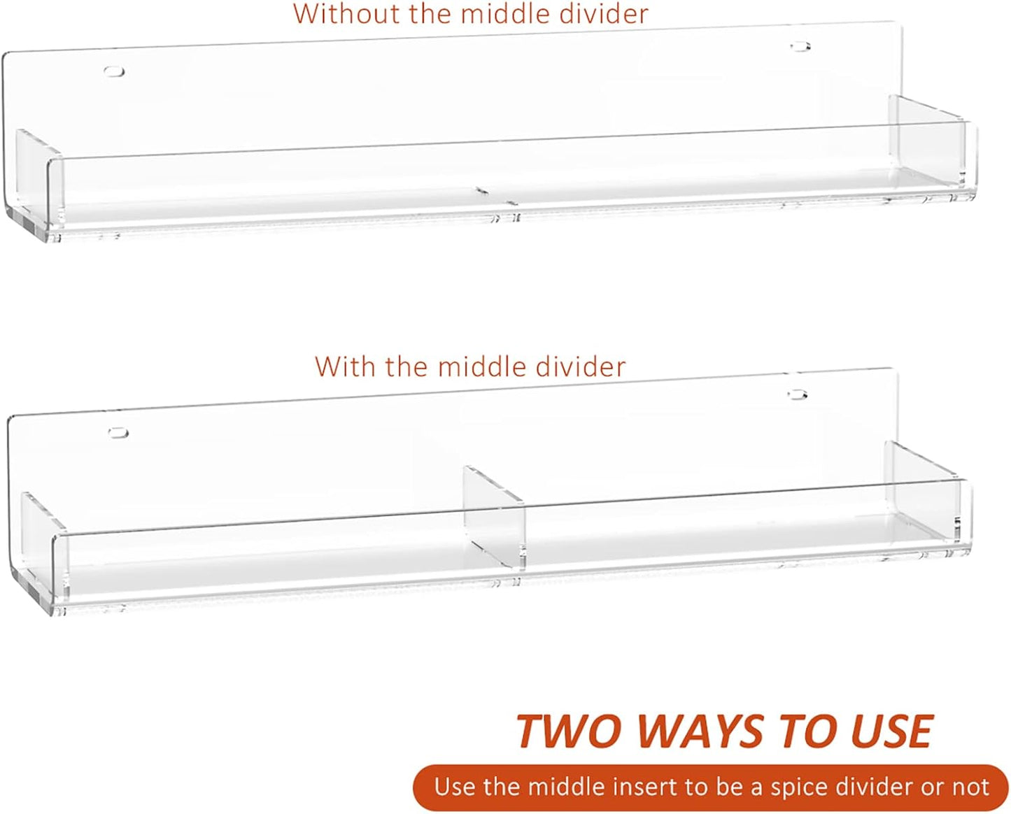 15 Inch Acrylic Spice Rack Wall Organizer Set of 3, Clear Acrylic Wall Shelf for Home Organizer, Floating Shelf for Bottle Display, Jars, Spice, Wine, Books, Toiletries