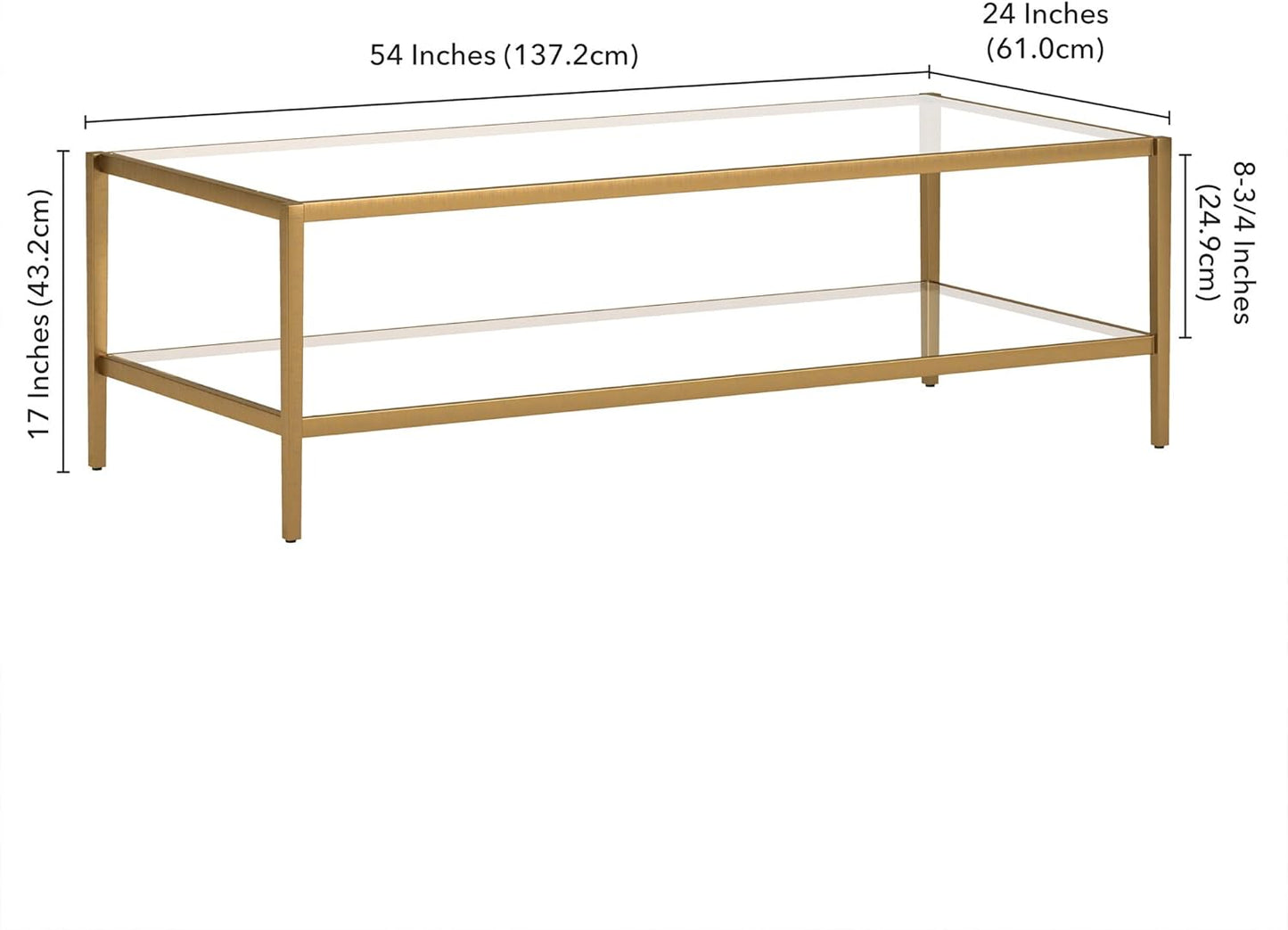 Henn&Hart 54" Wide Rectangular Coffee Table with Glass Shelf in Antique Brass, Modern coffee tables for living room, studio apartment essentials