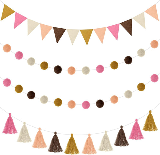 Irenare 9.8 ft Pom Pom Garland Felt Colorful Tassel Banner Christmas Party Pompoms Garland Decorations Felt Pennant Banner for Classroom Home Mantel Fireplace Birthday(Boho Color)
