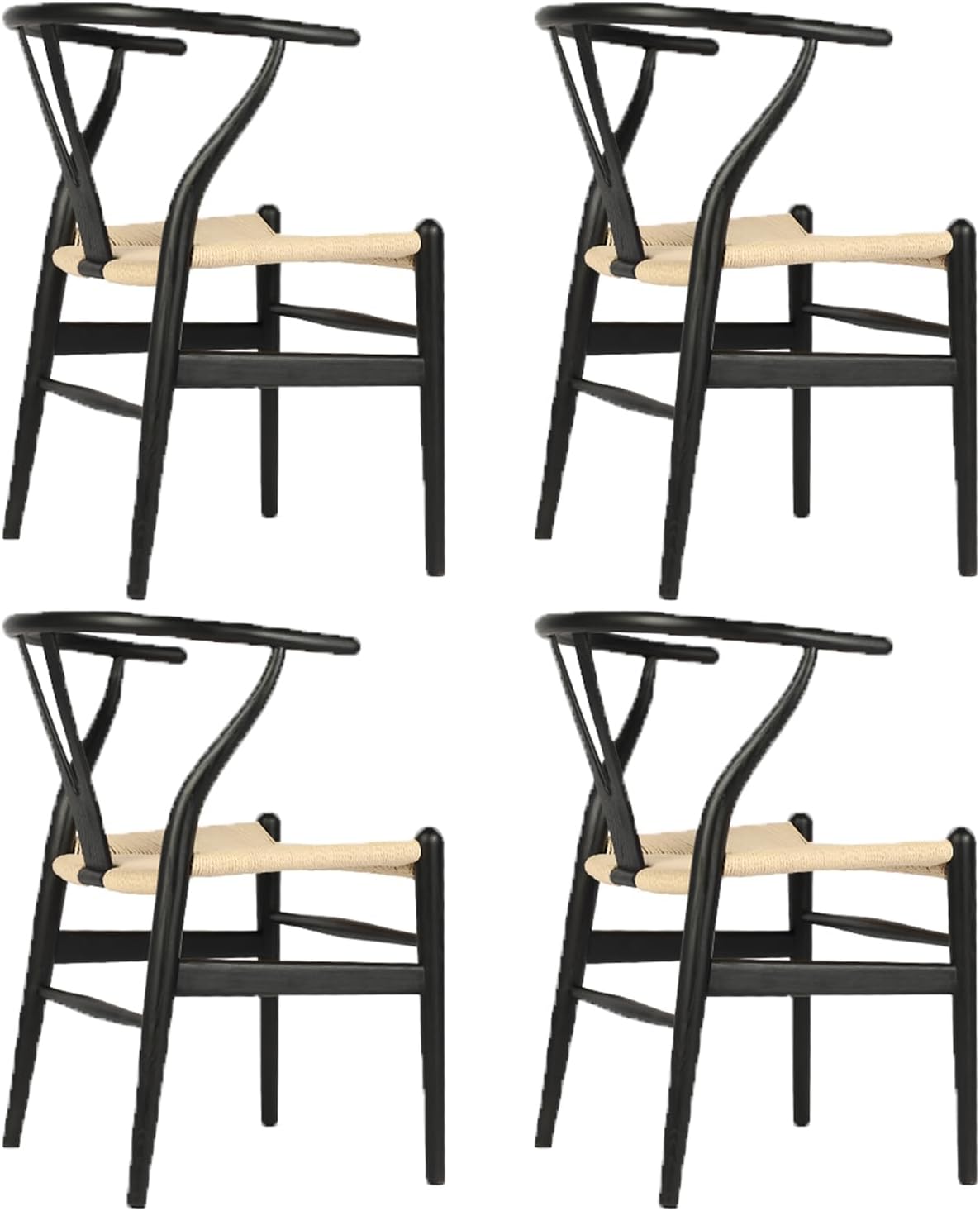 Tomile Solid Wood Wishbone Chair Y Chair Mid-Century Armrest Dining Chair, Hemp Seat (Ash Black + Natural Rope, Pack of 4)