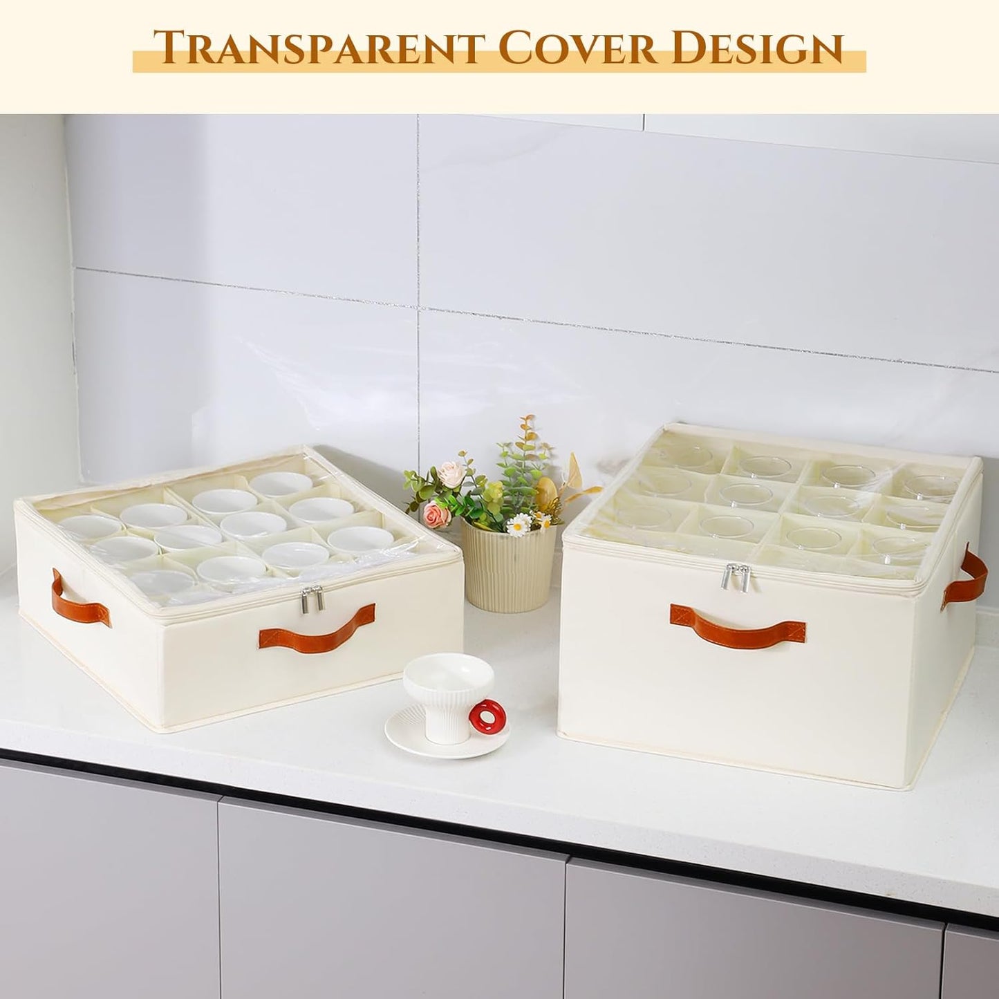 2 Pack Cup and Mug Storage Box with Dividers and Hard Shell, Stackable Coffee Cup Storage Organizer with Lid, Zipper, and Handles for Coffee Mugs, Cups, Glasses, Stemware Storage Containers for Moving