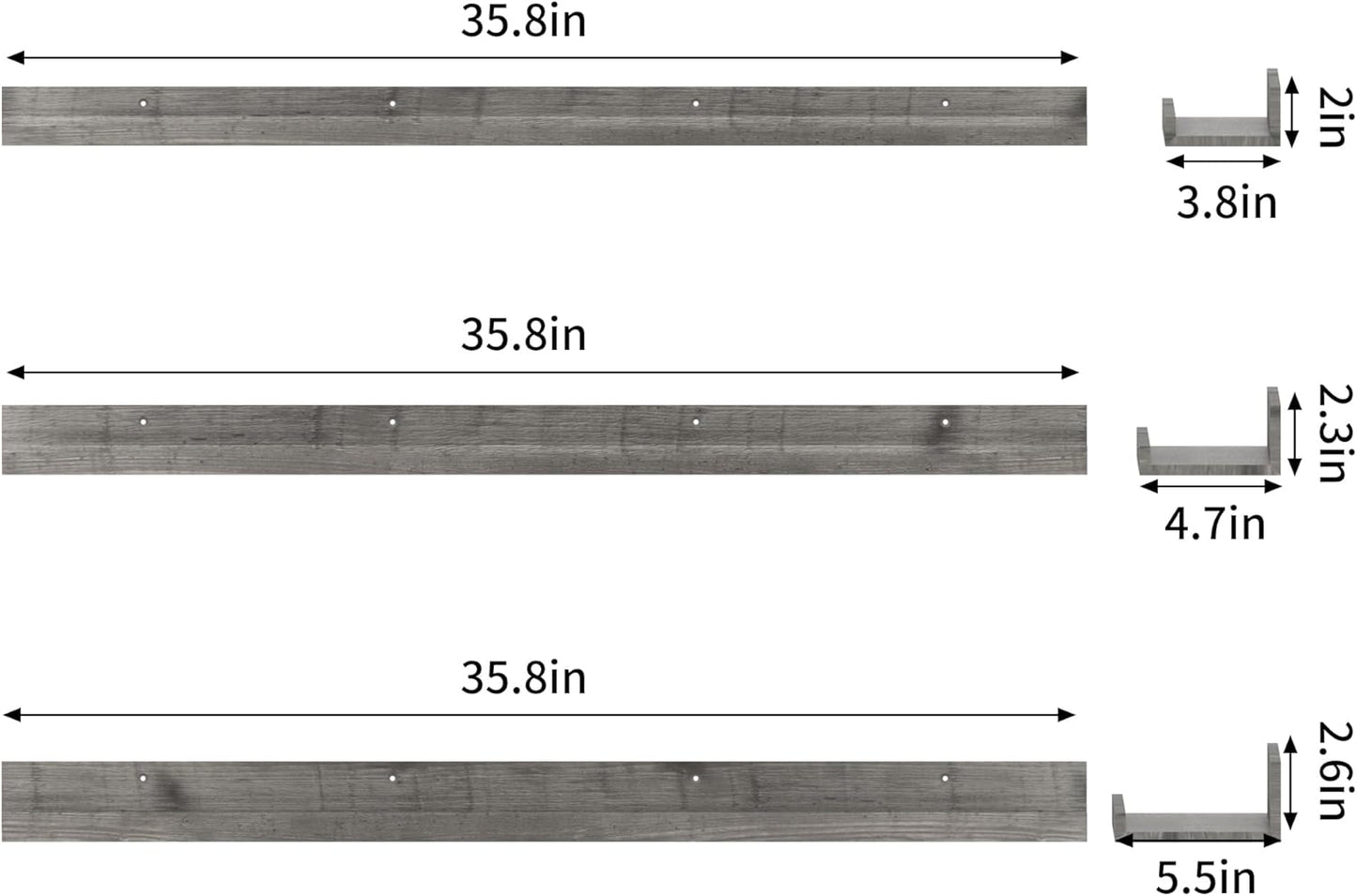 Giftgarden 36 Inch Grey Floating Shelves for Wall Mount, Gray Wood Wall Shelf Ledge for Bathroom Bedroom Living Room Kitchen Storage, Set of 3 Different Sizes