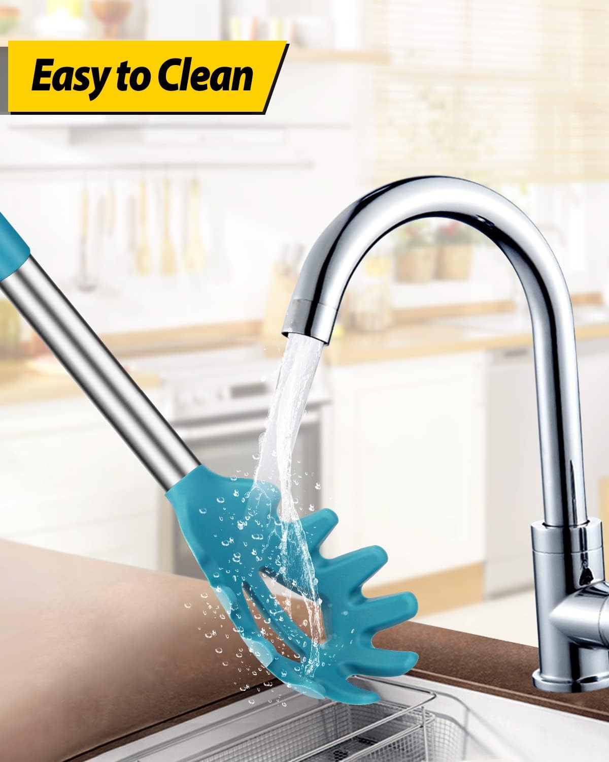 Silicone Pasta Fork and Ladle Spoon Set, Large Non Stick Kitchen Utensils for Cooking,Stirring,Serving Spaghetti, Soup, Sauce (BLUE)