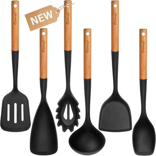 Silicone Cooking Utensils Set, 6 Pack Large Kitchen Utensils Set with Wooden Handle, Heat Resistant Silicone Utensil Spatula Set for Nonstick Cookware, Spatula, Turner, Spoon, Ladle BPA Free (Black)