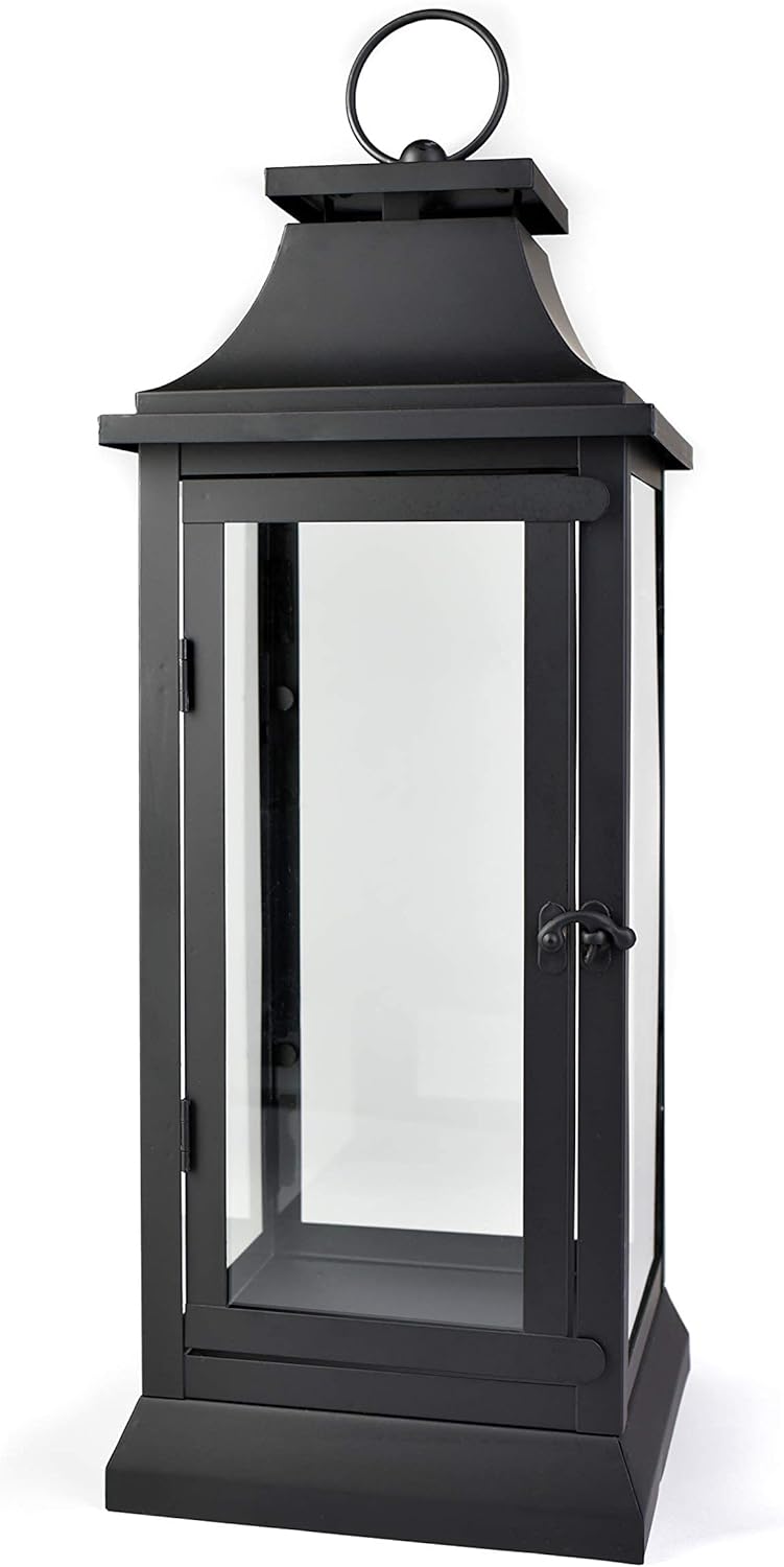 Serene Spaces Living Black Metal Hurricane Lantern with Clear Glass Panels – Hanging or Tabletop Decorative Lantern for Indoor & Outdoor – Weddings, Parties, Home Decor, 20" Tall & 7.75" Square