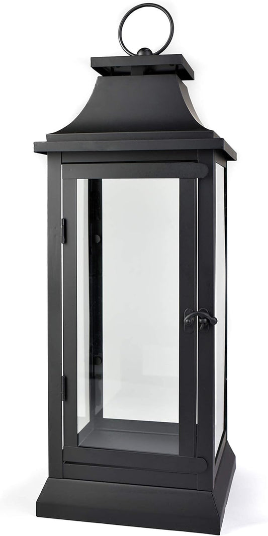 Serene Spaces Living Black Metal Hurricane Lantern with Clear Glass Panels – Hanging or Tabletop Decorative Lantern for Indoor & Outdoor – Weddings, Parties, Home Decor, 20" Tall & 7.75" Square