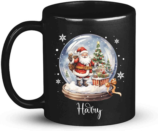 Custom Snow Ball Design Mug With Name, Personalized Black Cup 11oz 15oz, Snow Ball With Santa Claus And Christmas Tree Inside Design, Customized Christmas Themed Coffee Cup