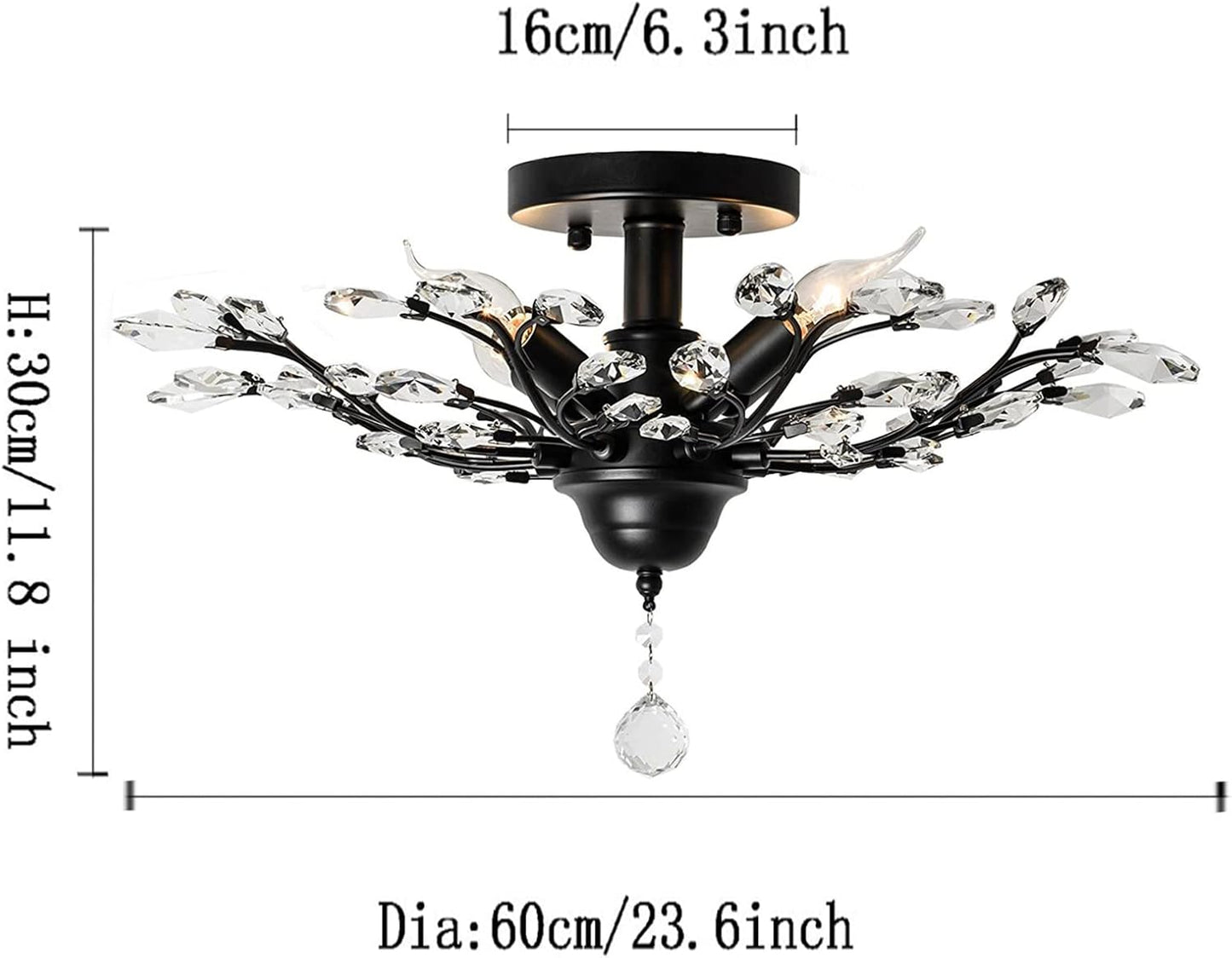 Ganeed Crystal Chandeliers,Vintage K9 Clear LED Ceiling Lighting,Edison Pendant Light Flush Mounted Fixture with 4 Light for Living Room Dinning Room Restaurant Porch Hallway (Black)