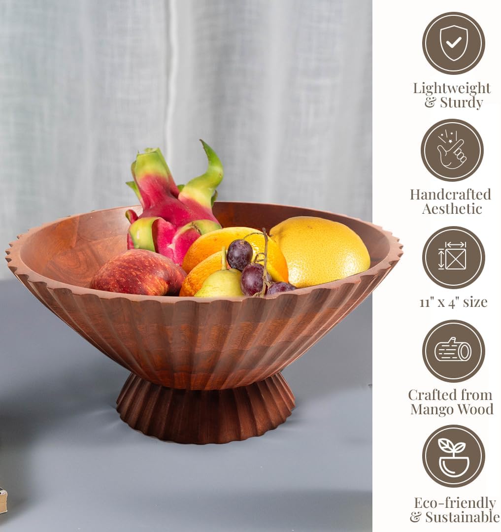 Folkulture Wooden Fruit Bowl for Kitchen Island | (11") Countertop or Eco Friendly Decorative Centerpiece Table Decorations | Decorative Bowls, Fruits Tray or Fruit's Holder for Kitchen Counter Decor
