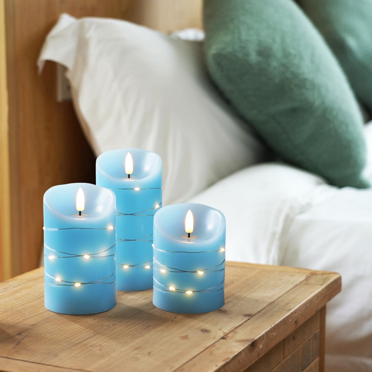 Homemory Flameless Candles with String Lights, 3 Pack Embedded Fairy String Lights LED Candles, Electric Flickering Candles with Remote Control and Timer, Real Wax, Blue