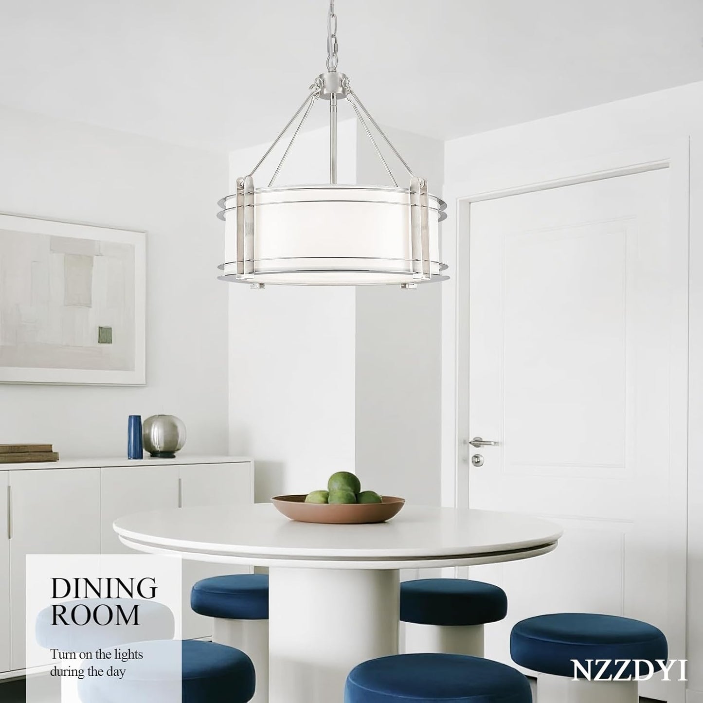 16.3''Drum Chandelier 3-Light Brushed Nickel Modern White Fabric Chandeliers Adjustable Drum Pendant Light for Dining Room Kitchen Island Hallway Living Bedroom