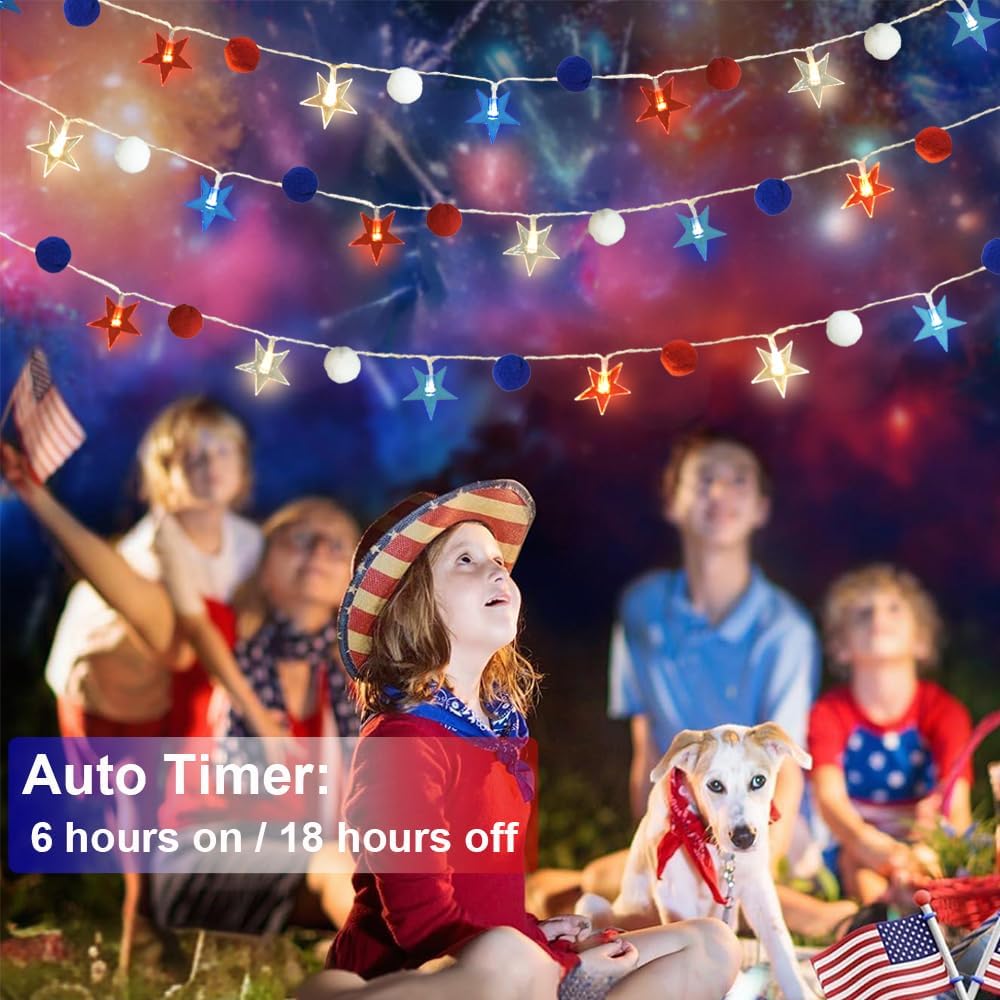 4th of July Decorations 9.85FT Red White and Blue Star String Lights Pom Pom Star Lights Battery Operated with Timer Fairy Lights for Independence Day Memorial Patriotic Fourth of July Decor for Home