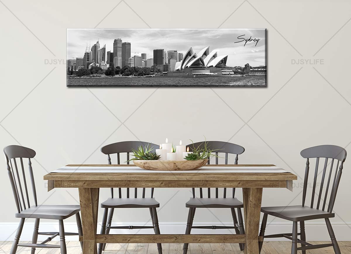 DJSYLIFE Sydney Skyline Wall Art Decor Canvas Print Black and White City Building Landscape Poster Australia Cityscape Modern Artwork Painting for Bedroom Office Home Decoration - 13.8" x 47.3"