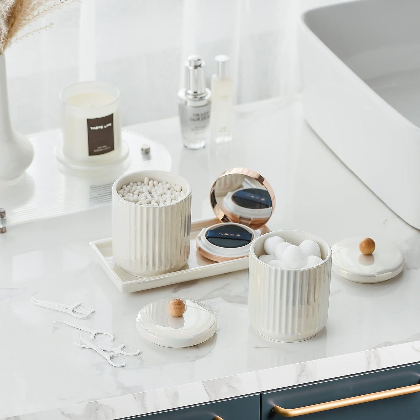Ceramic Bathroom Canister Set with Coordinating Small Vanity Tray Qtip Holder Dispenser for Cotton Ball,Swab,Pads, Floss, Bathroom Storage Jars with Lids Pearl White