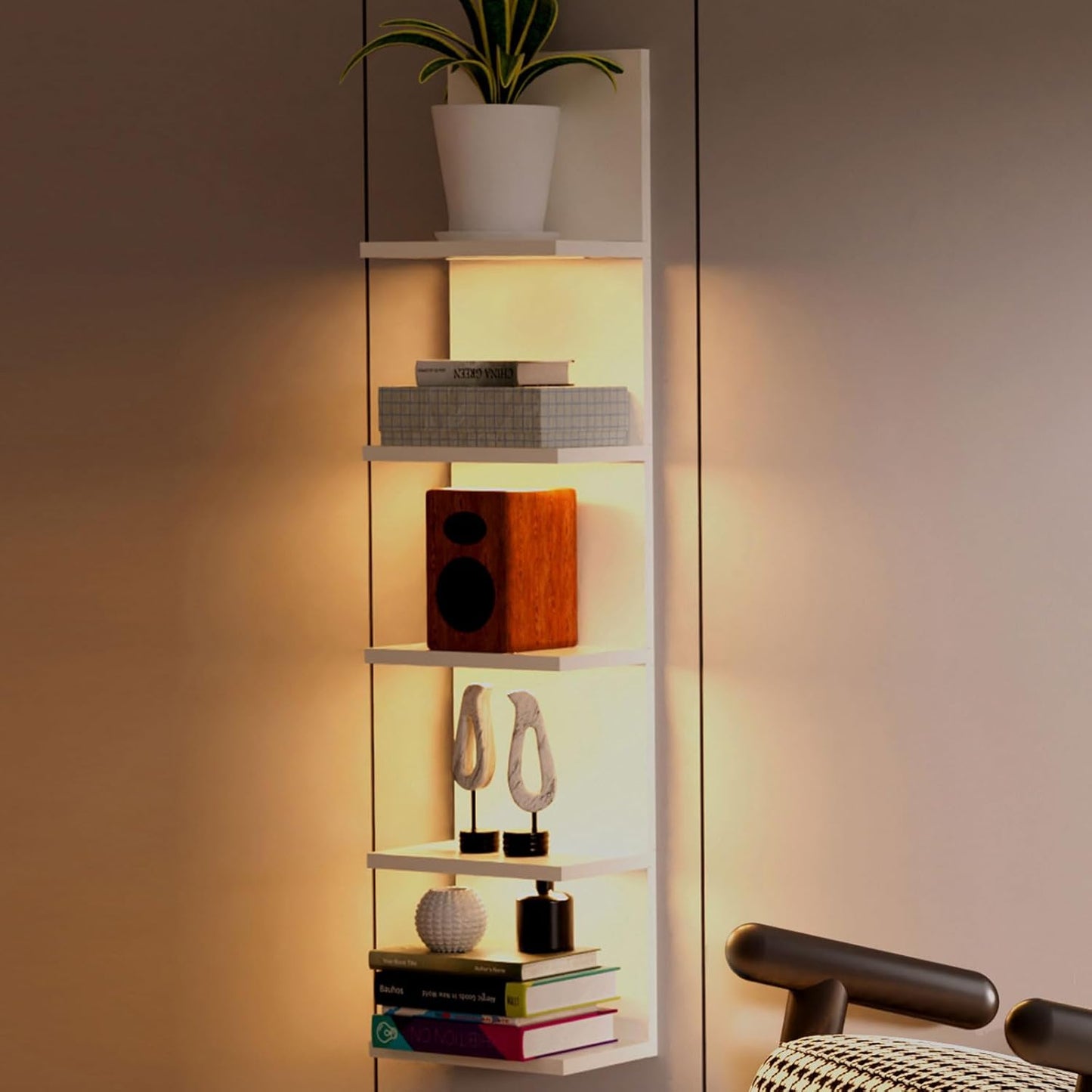 5 Tier Wall Shelf with Light, White Modern Vertical Lack Wall Shelves, Wall Mount, Floating Column Home Decor Shelves for Bedroom, Living Room, Vanity Storage Display