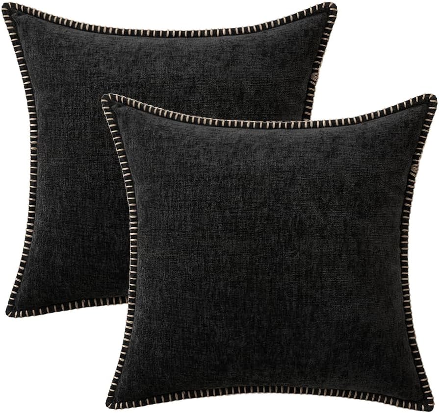 MIULEE Pack of 2 Couch Throw Pillow Covers 16x16 Inch Black Farmhouse Decorative Pillow Covers with Stitched Edge Soft Chenille Solid Dyed Spring Pillow Covers for Sofa Bed Living Room