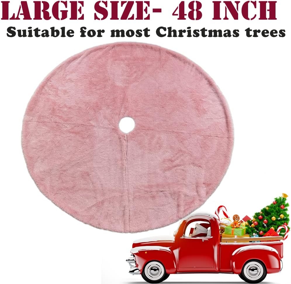 AISENO 48 Inch Christmas Tree Skirt Faux Fur Pink Bright Silk Shiny Decoration for Christmas Tree Plush Merry Christmas Decorations Decor