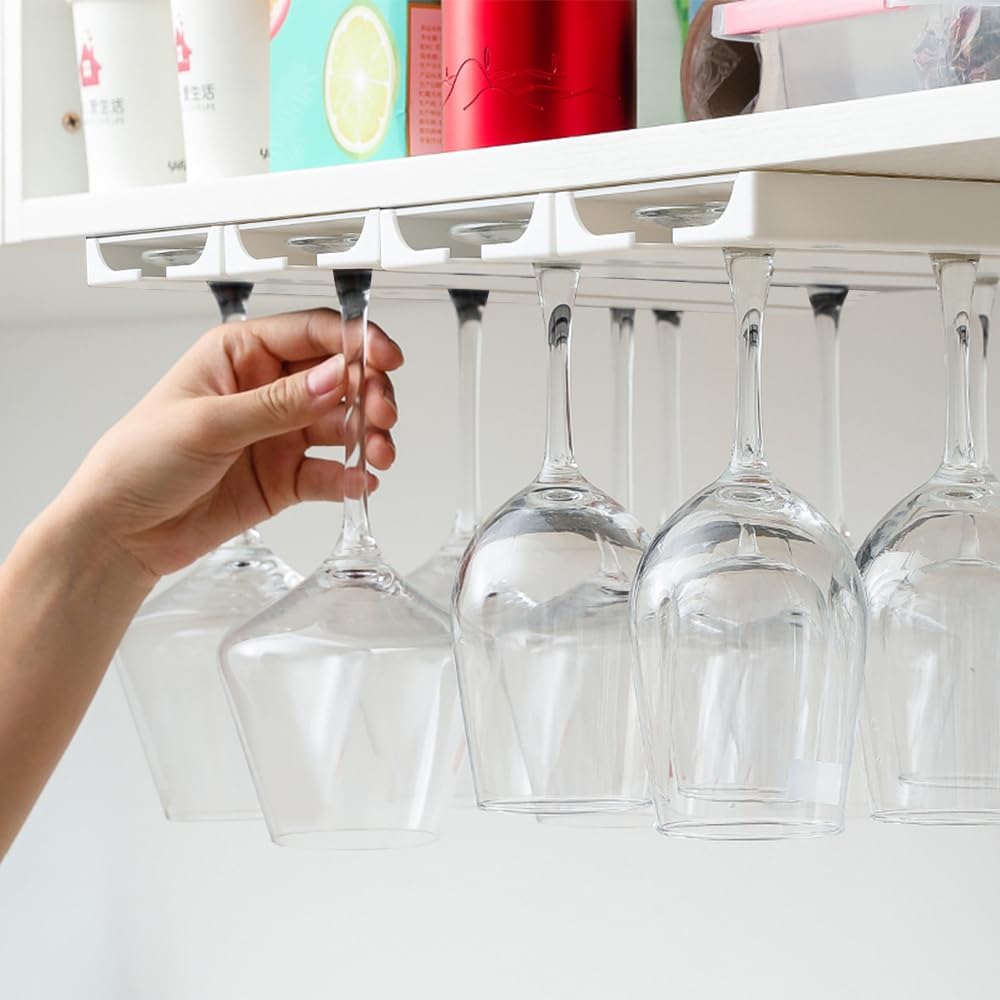 4 Pcs Wine Glass Holder Under Shelf or Cabinet Punch-free,Stemware Rack Glassware Drying Storage Hanger for Kitchen,Bar and Restaurant (White) ﻿