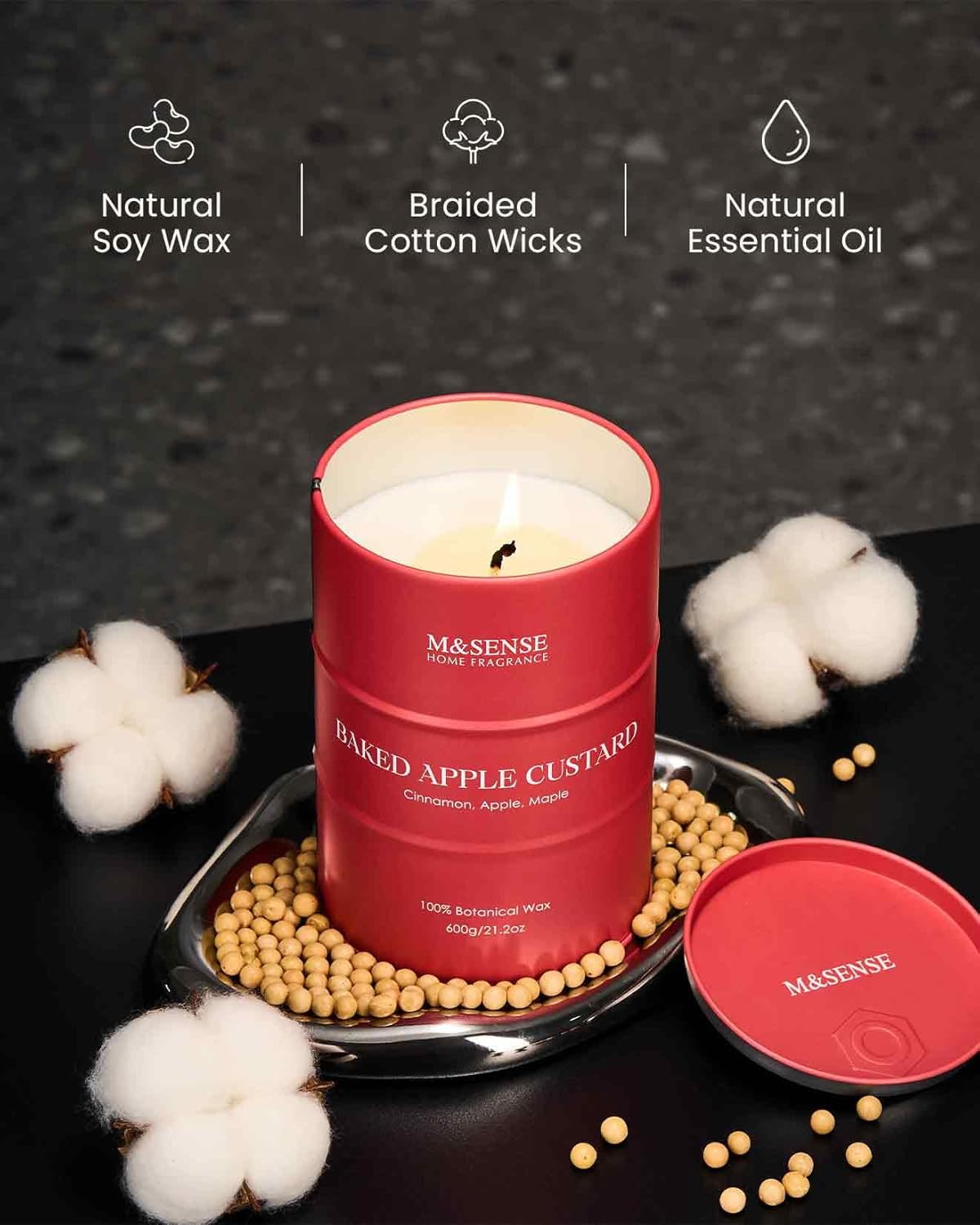 M&SENSE Baked Apple Scented Candles Large, Natural Soy Candles 21.2oz 120 Hour Slow Burning,Aromatherapy Candle for Stress Relief Meditation Relaxing