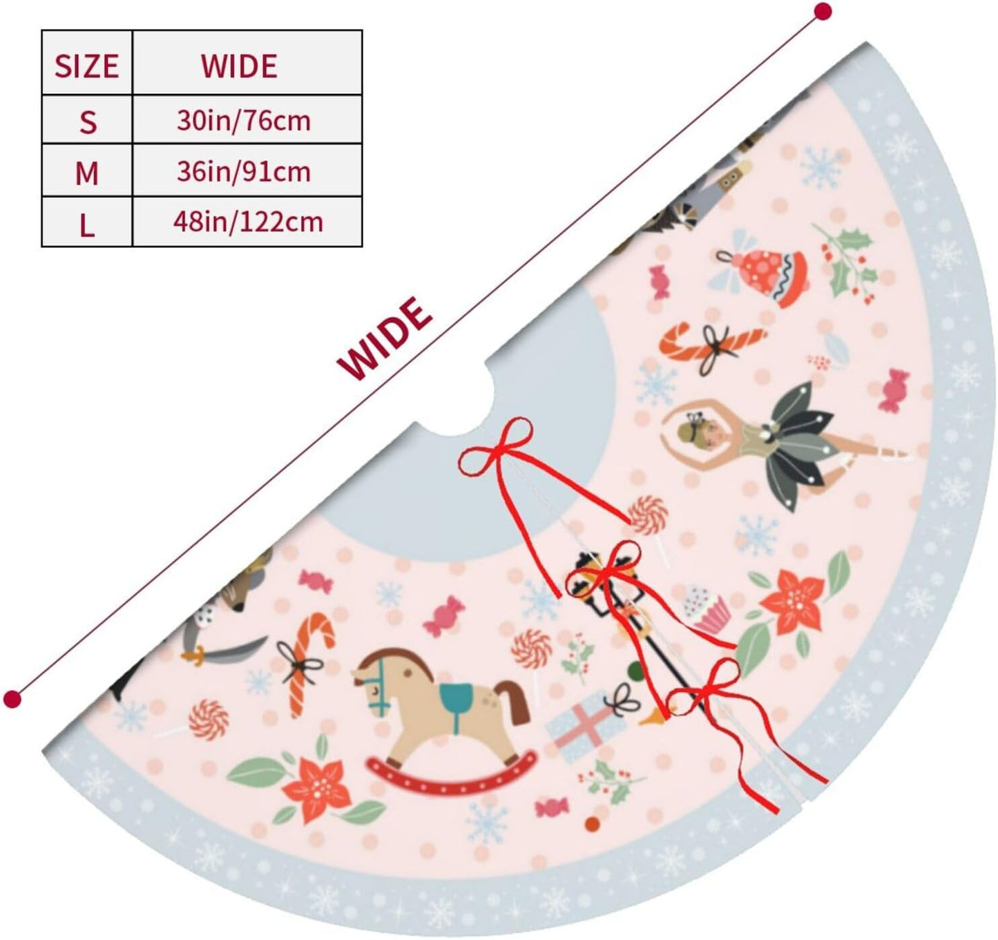 36" Cute Nutcracker Christmas Tree Skirt, Pink Sweet Candy Snowflakes Tree Mat Base Cover for Xmas Festive Holiday Party Decoration Ornaments