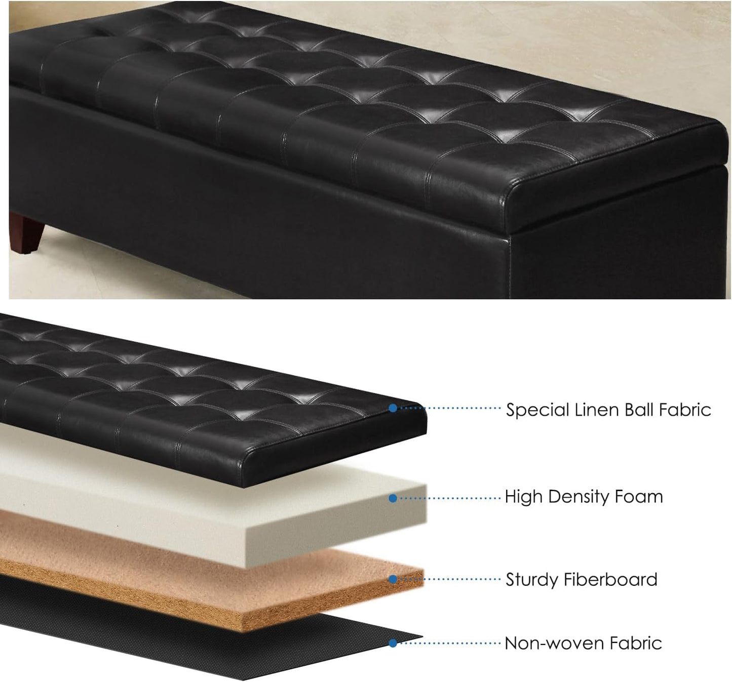 Joveco Storage Ottoman Bench, 51 Inch Leather Tufted Upholstered Bench for End Foot of Bed, Bedroom, Living Room, Black