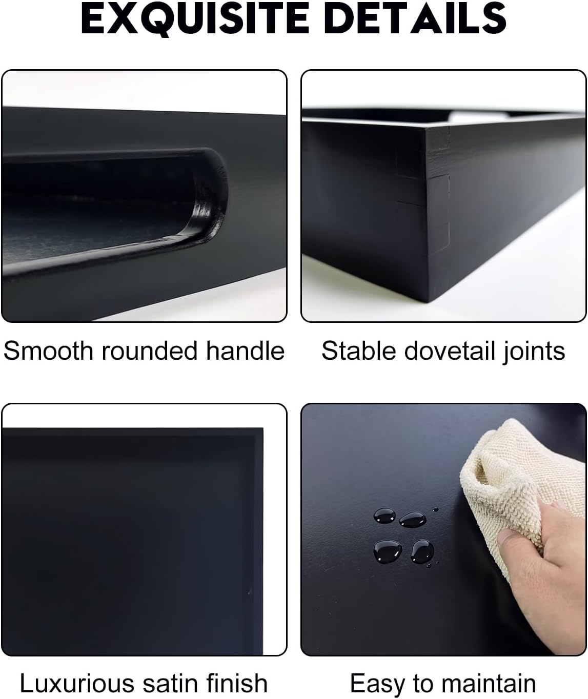 20 Inches Square Wooden Ottoman Tray Black, Large Wood Serving Tray with Handles for Living Room, Serving Food Breakfast, Ottoman Coffee Table Couch Sofa Kitchen