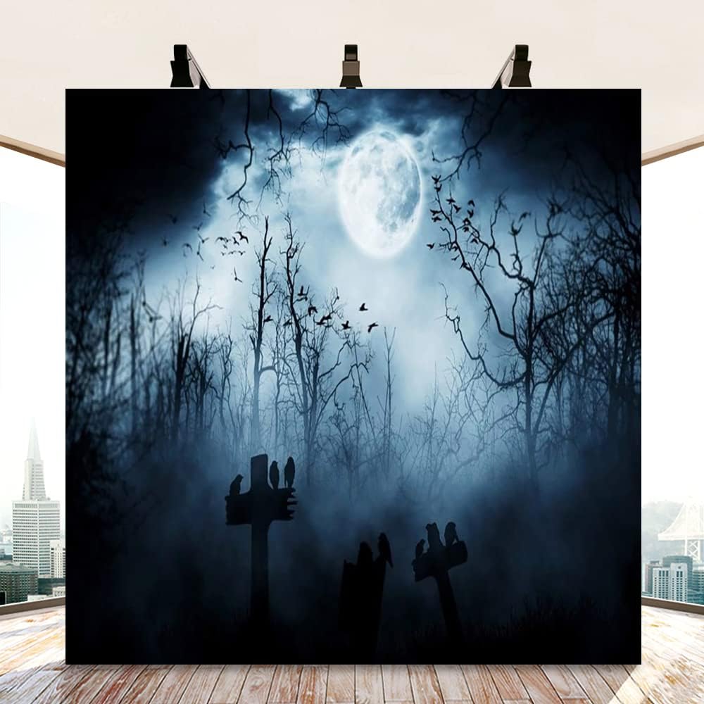AOFOTO 8x8ft Moon Night Halloween Cemetery Photography Backdrop Flying Bats Birds Stand on Gravestone Cross Graveyard in Dark Forest Photo Background Cloth Vinyl Wallpaper Photo Studio Props