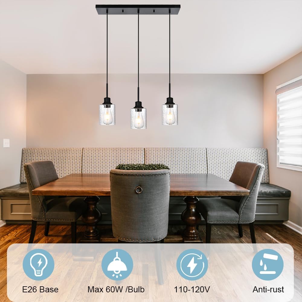 Modern 3-Light Pendant Island Light Fixture Black Ceiling Hanging Lights with Clear Seeded Glass and Adjustable Cord,Industrial Pendant Lighting for Kitchen Living Room Dining Room Foyer
