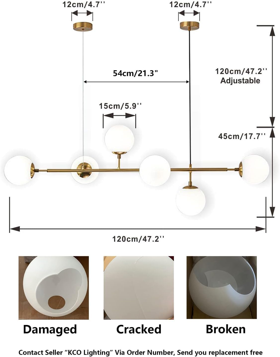 KCO Lighting Modern Globe Linear Chandelier 6 Light Milk Glass Chandeliers White and Gold Pendant Light Fixture Mid Century Rectangle Chandelier Brass Sputnik Island Lights for Kitchen