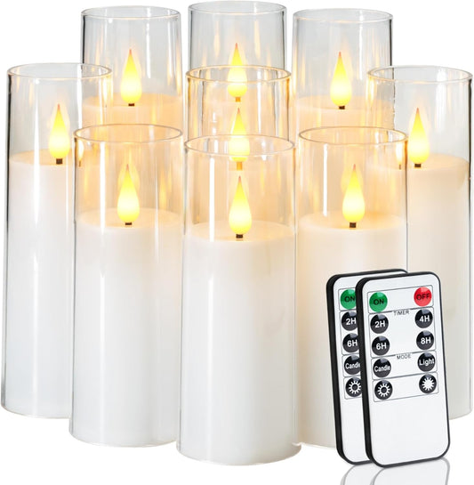 Amagic Pure White Flameless Candles, 9 Pack Battery Operated Candles with Remote and Timer, Acrylic Flickering Electric LED Candles for Wedding, Holiday Decor, D2.2''xH5''6" 7", Warm Yellow Glow
