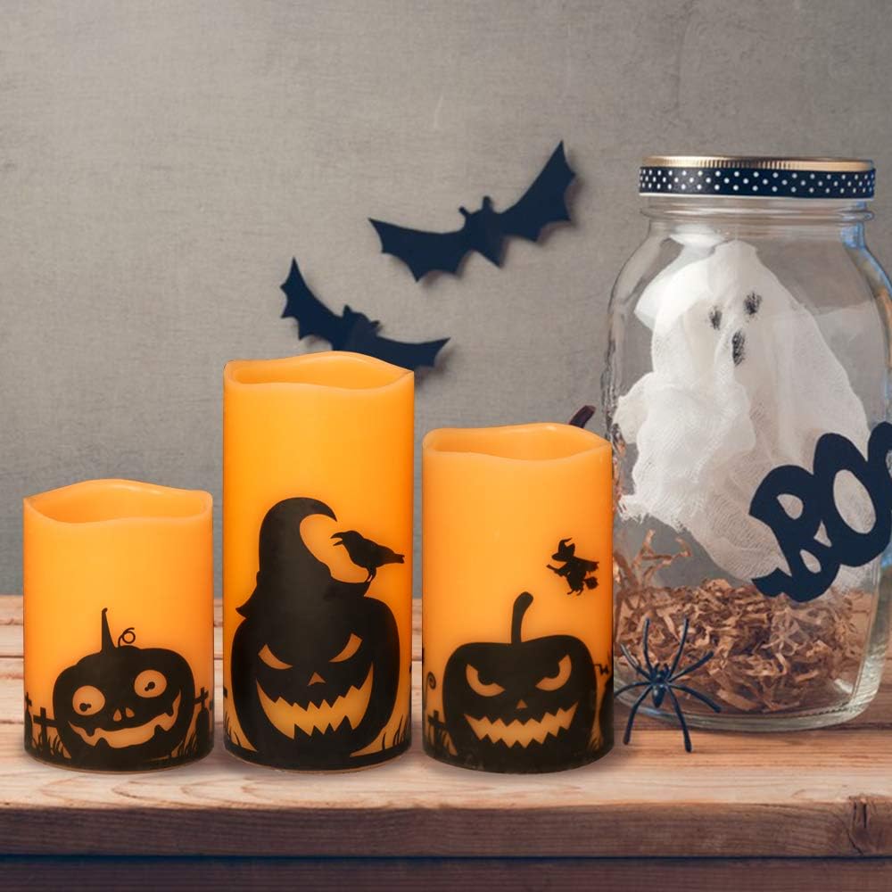 GenSwin Halloween Pumpin Flameless Candles, LED Battery Operated Pillar Pumpkin Candles with 6H Timer, 3 Pack LED Flickering Candles for Fall Spooky Halloween Decoration(D3 xH4 5" 6")