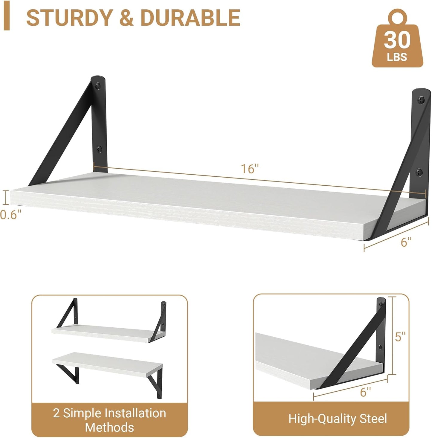 Heimlove Floating Shelves for Wall, 16 Inch Long Wood Floating Shelves Set of 3, Wall Mounted Hanging Shelf for Bathroom Bedroom Kitchen, White