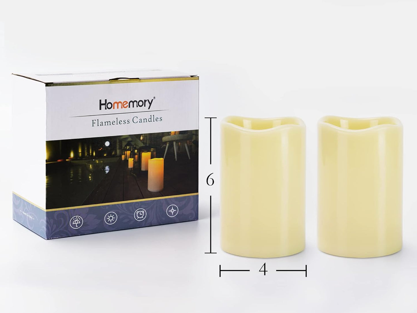 Homemory 4" x 6" Large Waterproof Outdoor Flameless Candles, Battery Operated Flickering LED Pillar Candles with Remote and Timers for Indoor Outdoor Lanterns, Long Lasting, Dark Ivory, Set of 2