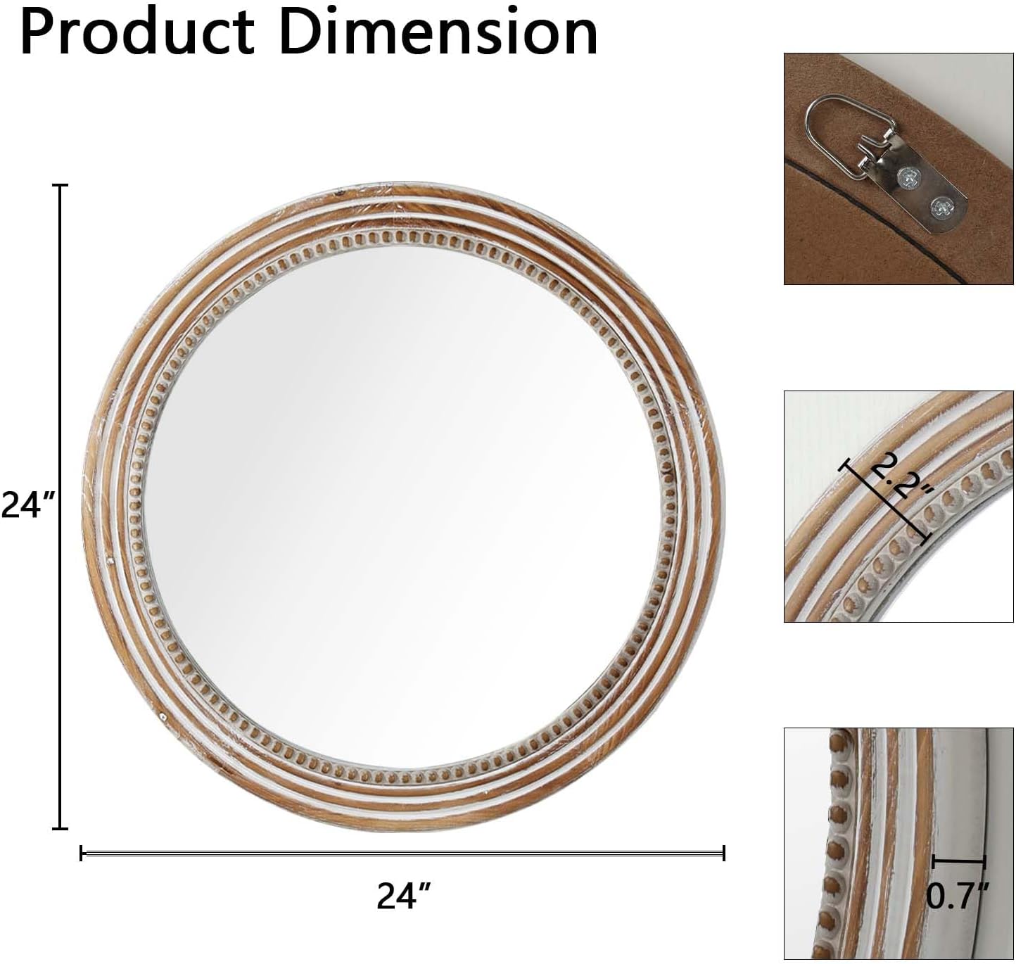 24 Inch Rustic Round Mirror - Farmhouse Vintage Bathroom Vanity Mirror, Wall-Mounted Round Mirrors for Bathroom Sink, Bedroom & Living Room and Framed Decorative Restroom Mirror