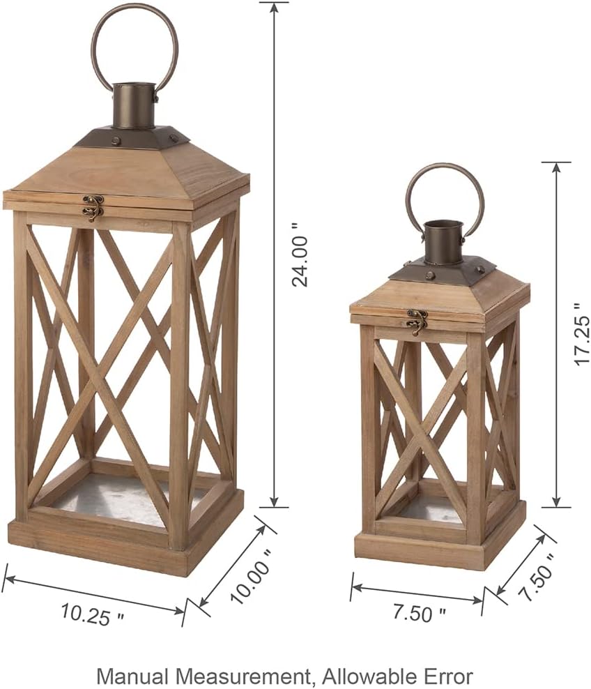 Glitzhome Mondern Farmhouse Wood Metal Lanterns Decorative Hanging Candle Lanterns Set of 2, Natural (No Glass)