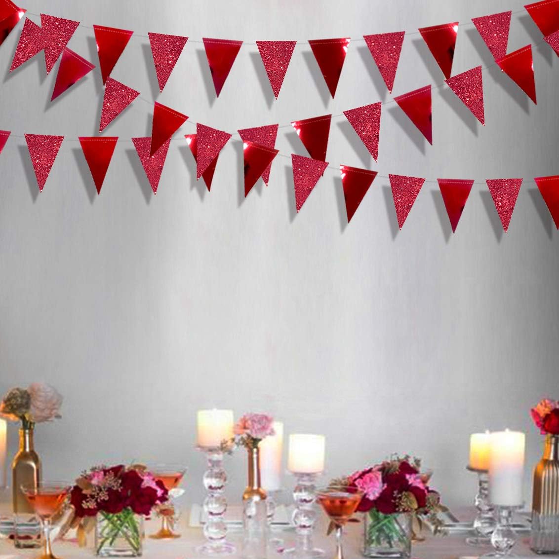 30Ft Red Party Decorations Glitter Metallic Paper Triangle Banner Flag Pennant Bunting for Graduation Wedding Engagement Anniversary Bachelorette Birthday Bridal Shower Valentines Hen Party Supplies