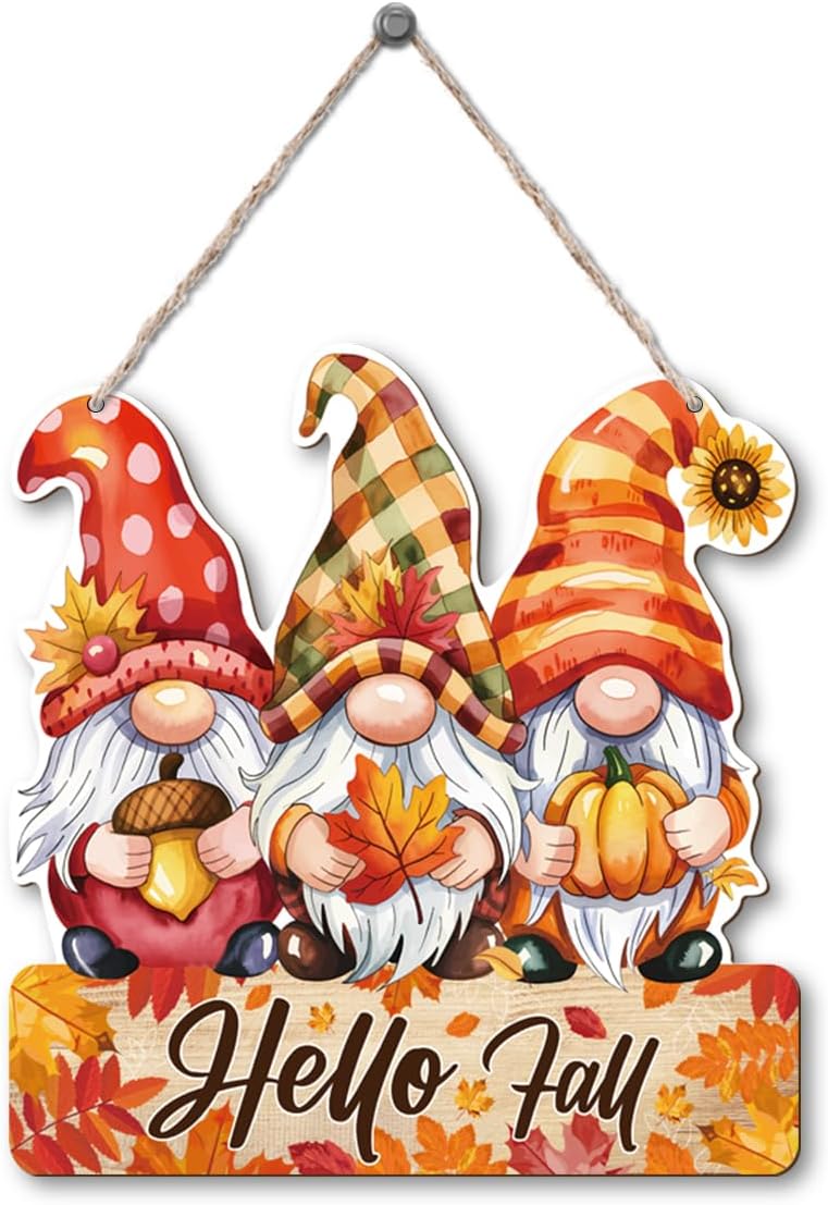 Hello Fall Wood Hanging Gnome Decoration, Autumn Wooden Signs, Rustic Thanksgiving Decoration, Home Interior And Exterior Decor, Autumn Harvest Thanksgiving Home Decor