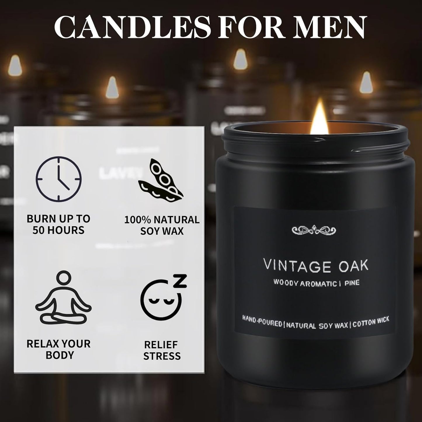 Scented Candle Set for Men, 4 Pack Black Jar Candles with Manly Scents – Amber Patchouli, Magnolia Sandalwood, Cedar Oakmoss, Pine Clove, Soy Wax Aromatherapy Gift for Him, Dad, Husband, Father's Day