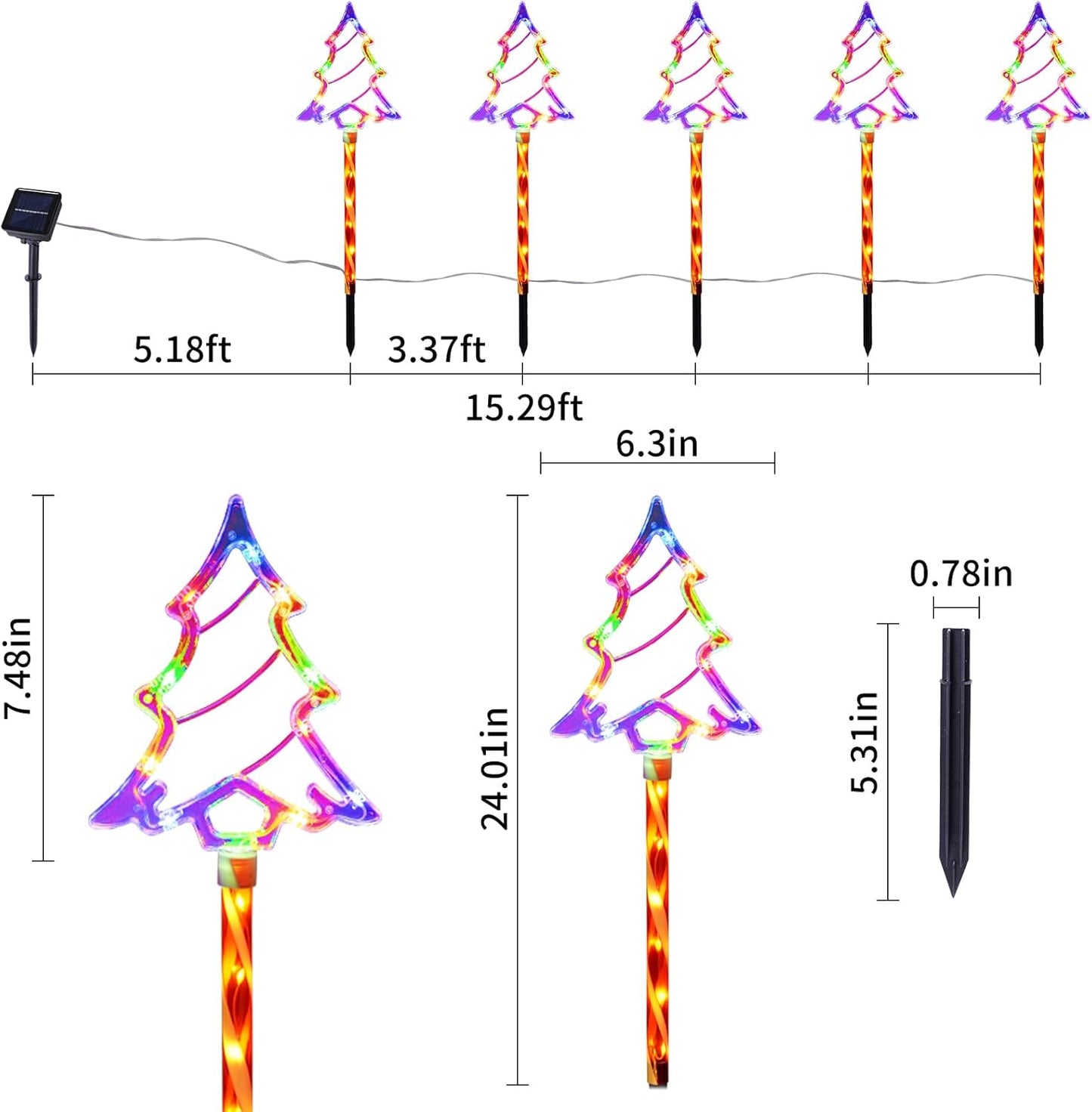 Christmas Solar Pathway Lights Outdoor Decorations， 8 Modes Xmas Tree Candy Lights Waterproof Led Garden Stake Light for Walkway Yard Lawn Porch Holiday Decor 5-Pack (Multicolor Tree, 5 Pack)
