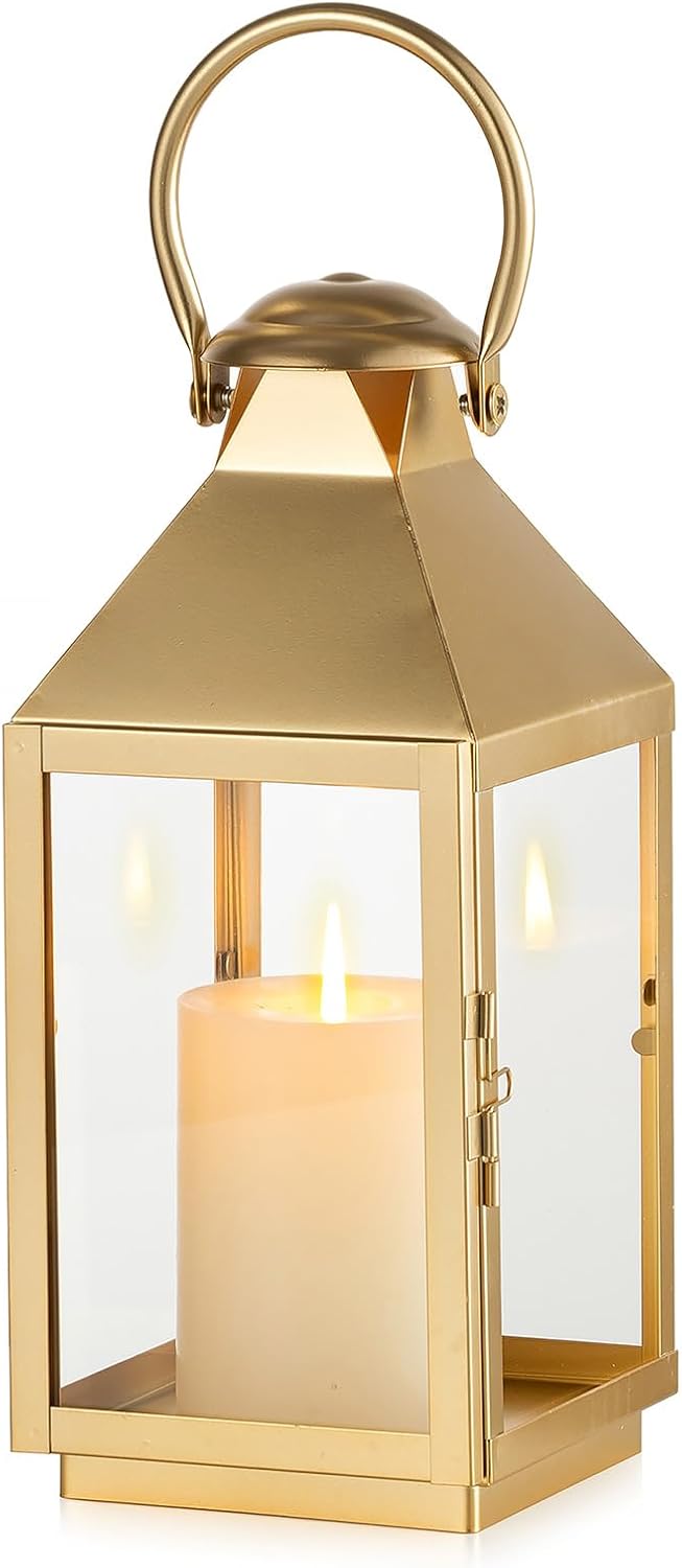 NUPTIO Gold Lanterns Decorative for Wedding: 11.3 Inch Tall Metal Lantern Decor with Glass - Outdoor Candle Holder for Table Centerpiece Dining Room Mantel Patio