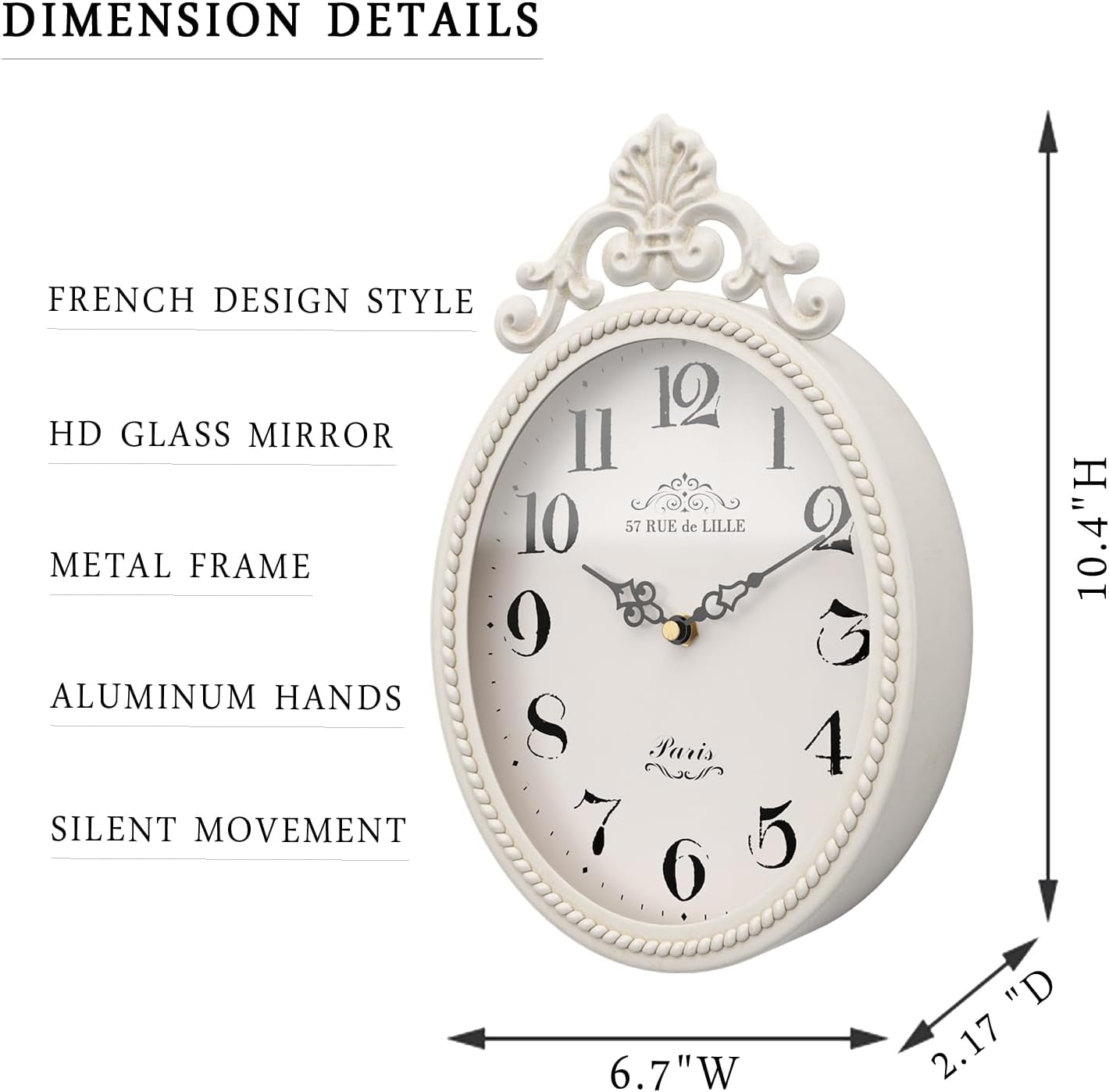 Abdurey Small French Retro Decorative Wall Clock, Ivory White Vintage Oval Style,Silent Battery Operated Boho Decor Wall Clocks for Farmhouse,Kitchen,Bedroom,Bathroom(10.4" H x 6.7" W)